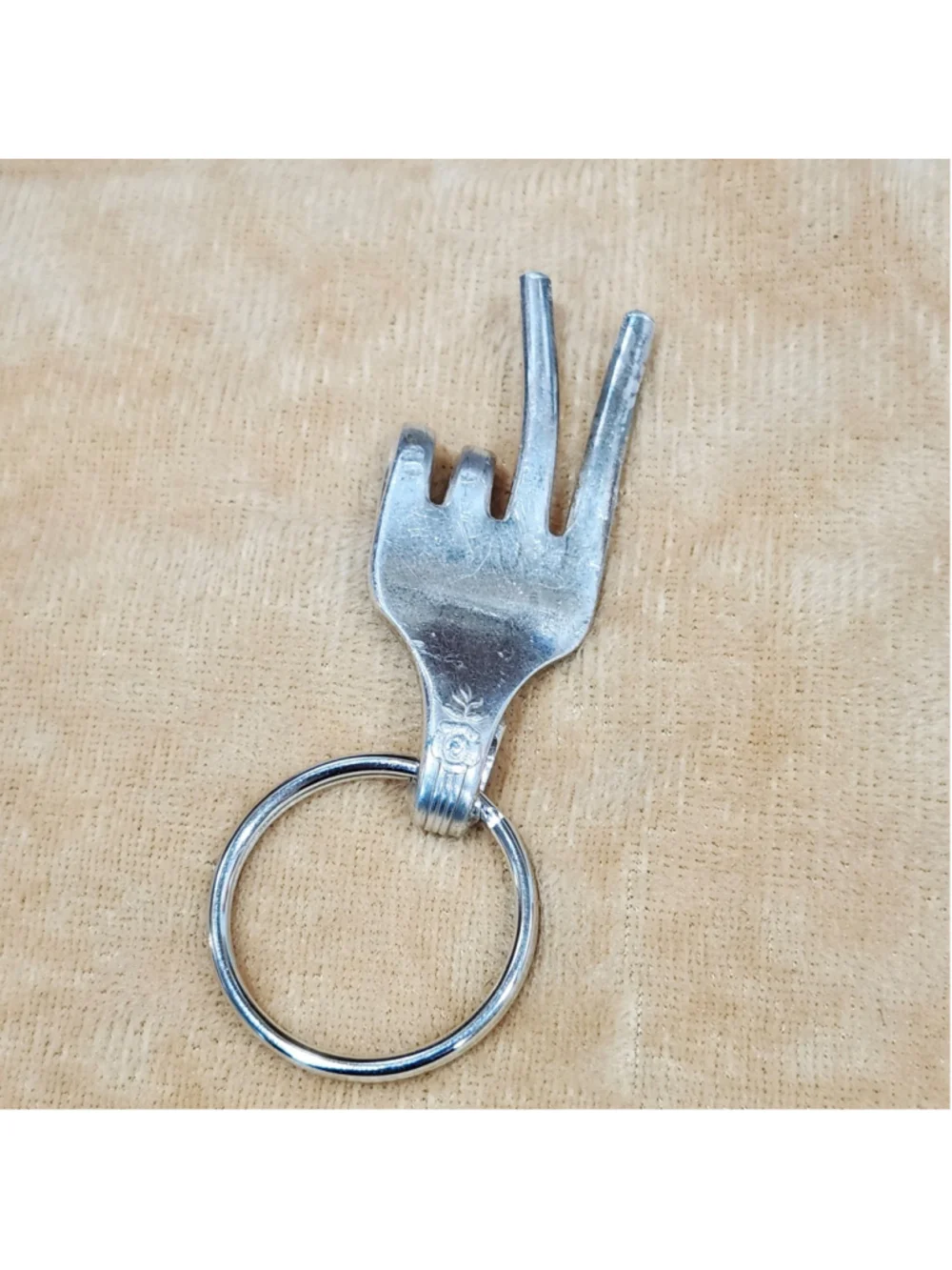 Silverware Art Fork Keychain Peace Sign Hand Gesture Unique Hand Sculpted